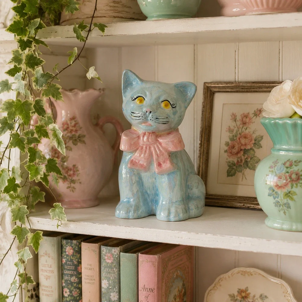 Vintage Iridescent Blue Ceramic Cat Figurine Pink Bow | Whimsical Mid-Century